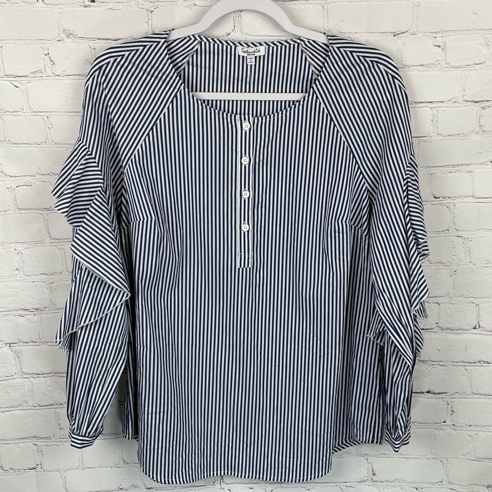 SPLENDID Women's Ruffled Sleeve Navy Striped Long Sleeve Blouse $128 NWT